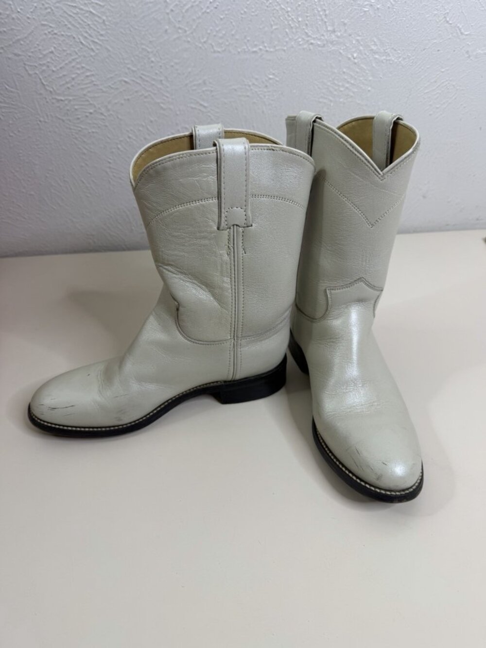 VTG Justin 3D Youth Off White Grayish Leather Roper Boots Western GUC - Picture 5 of 11